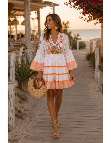 Vestido Boho Blanco Bordado Flúor