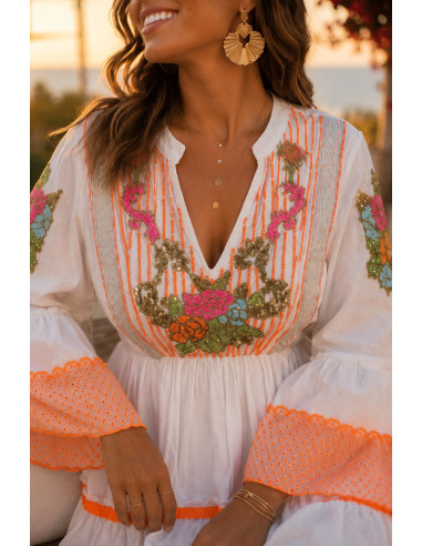 Vestido Boho Blanco Bordado Flúor