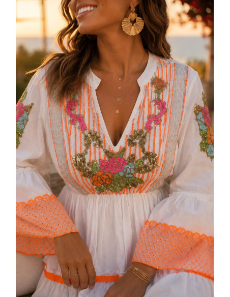 Vestido Boho Blanco Bordado Flúor