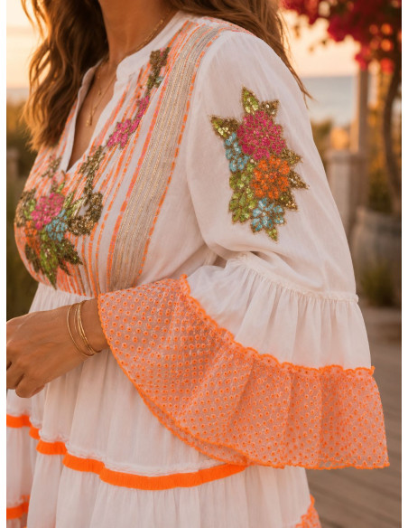 Vestido Boho Blanco Bordado Flúor
