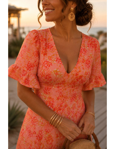 Vestido Floral Espalda Abierta Coral