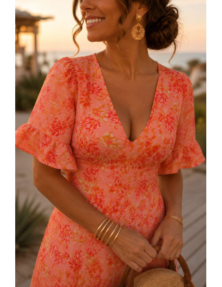 Vestido Floral Espalda Abierta Coral