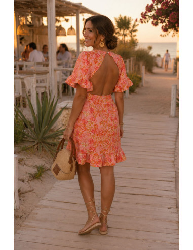 Vestido Floral Espalda Abierta Coral