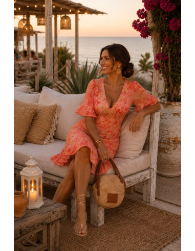 Vestido Floral Espalda Abierta Coral