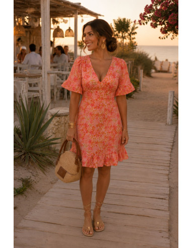 Vestido Floral Espalda Abierta Coral