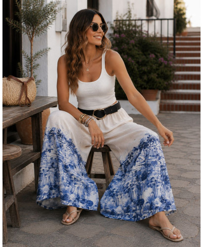 Pantalón de lino estampado con cintura elástica azules