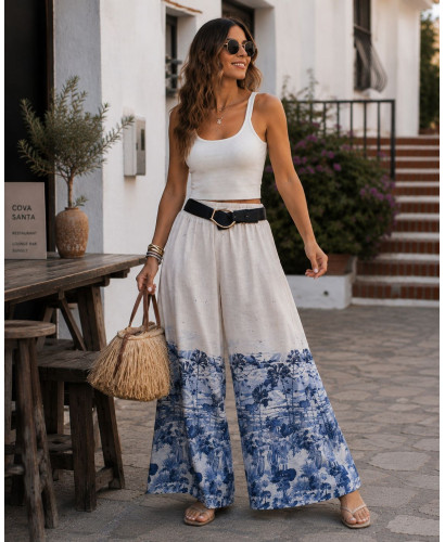 Pantalón de lino estampado con cintura elástica azules 2