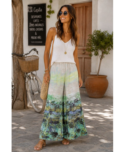Pantalón de lino estampado con cintura elástica verdes