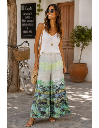 Pantalón de lino estampado con cintura elástica...