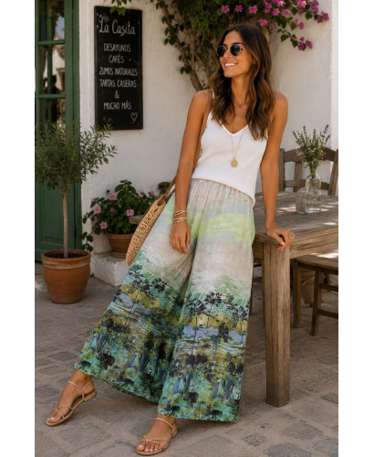 Pantalón de lino estampado con cintura elástica verdes 2