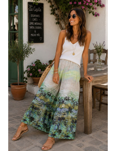 Pantalón de lino estampado con cintura elástica...