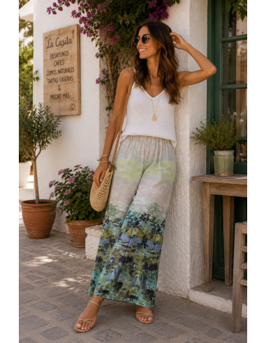 Pantalón de lino estampado con cintura elástica...