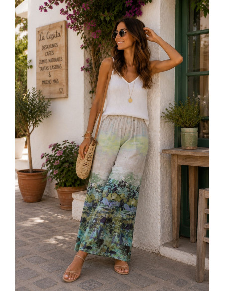 Pantalón de lino estampado con cintura elástica verdes