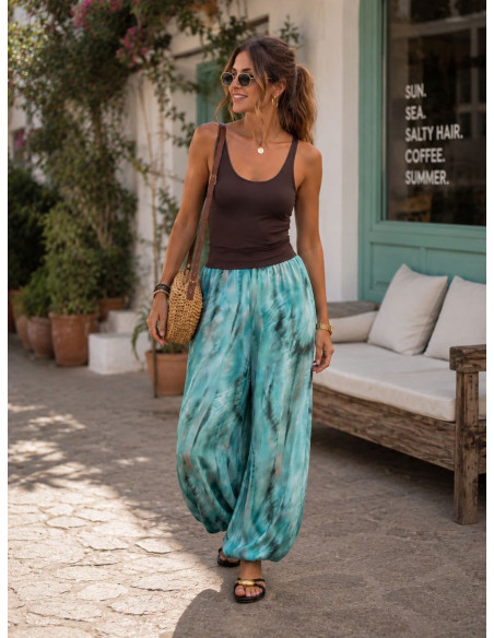 Pantalón bombacho estampado turquesa