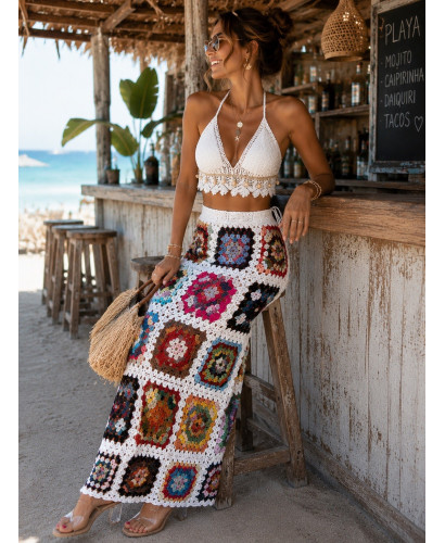 🟫 Falda Larga Patchwork de Cuadros con Fondo Blanco 🟫