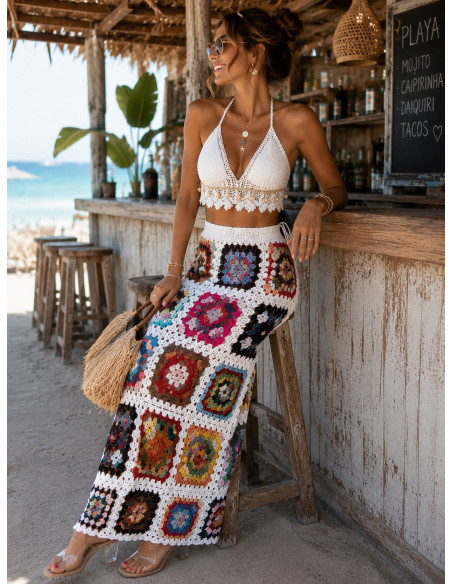 🟫 Falda Larga Patchwork de Cuadros con Fondo Blanco 🟫