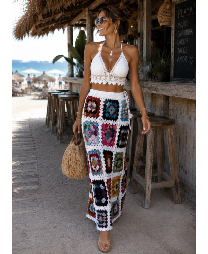 🟫 Falda Larga Patchwork de Cuadros con Fondo Blanco 🟫 2