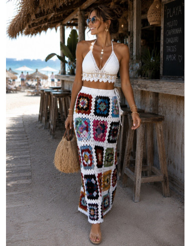 🟫 Falda Larga Patchwork de Cuadros con Fondo...