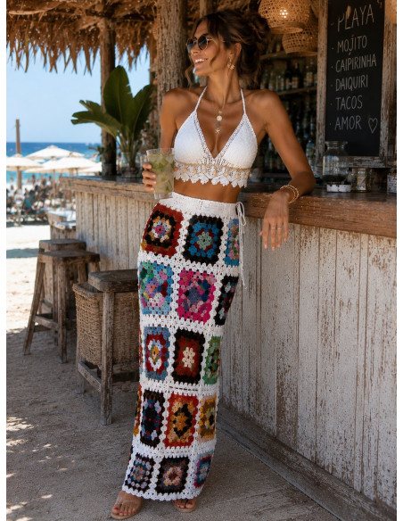 🟫 Falda Larga Patchwork de Cuadros con Fondo Blanco 🟫