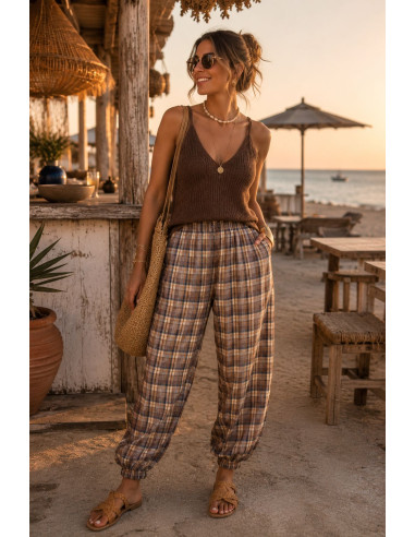 Pantalón bombacho con estampado de cuadros en...