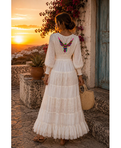 Vestido Largo Blanco Boho Bordado Multicolor con Volantes 2