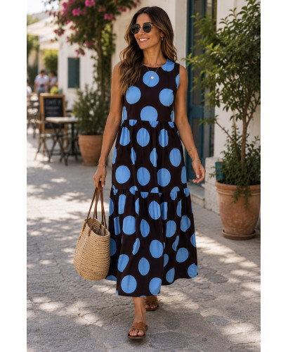 Vestido Largo Chocolate con Lunares Celestes y Bolsillos