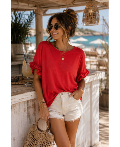 🐆 Camiseta roja con pequeño volante en mangas
