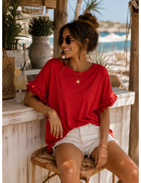 🐆 Camiseta roja con pequeño volante en mangas
