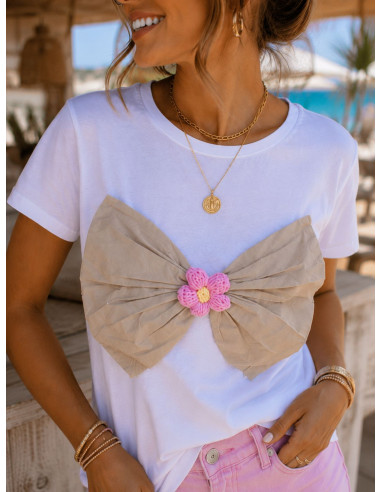 🎀 Camiseta Manga Corta Blanco con Lazo Camel y...