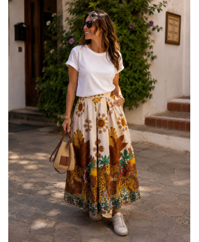 Falda tropical cruda con soles, lunas y palmeras