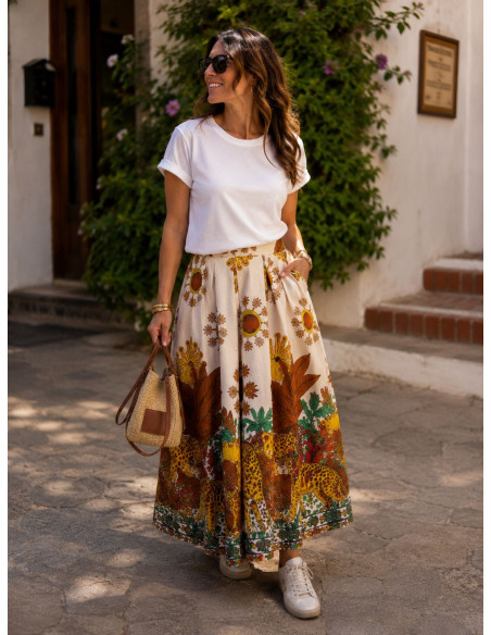 Falda tropical cruda con soles, lunas y palmeras