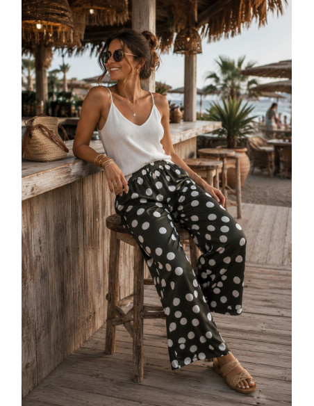 Pantalón verde kaki con lunares blancos y cintura elástica