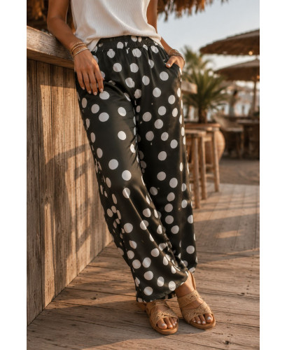 Pantalón verde kaki con lunares blancos y cintura elástica 2