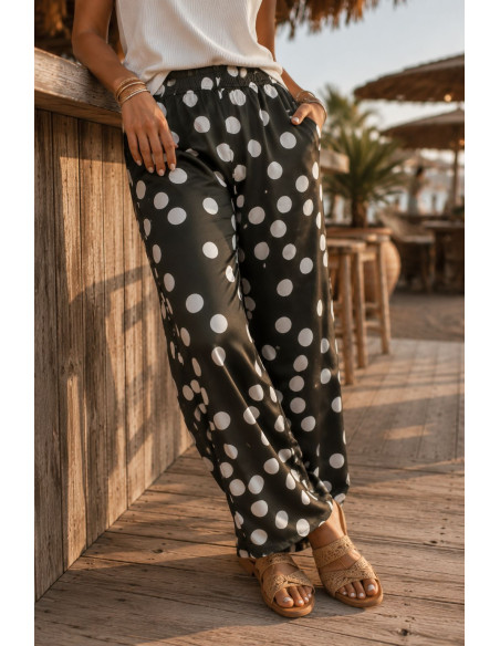Pantalón verde kaki con lunares blancos y cintura elástica