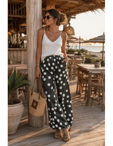 Pantalón verde kaki con lunares blancos y cintura elástica