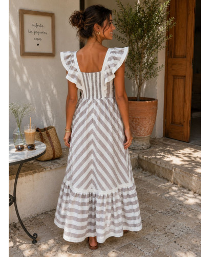 Vestido Largo de Rayas Beige y Blanco con Volantes 2