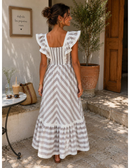 Vestido Largo de Rayas Beige y Blanco con Volantes