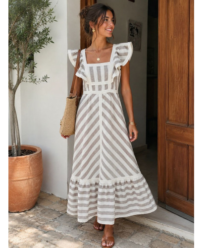 Vestido Largo de Rayas Beige y Blanco con Volantes