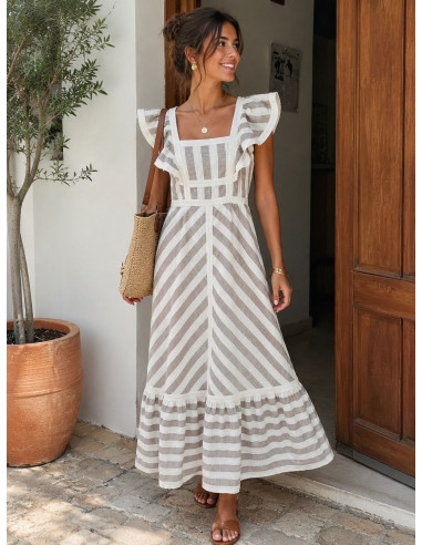 Vestido Largo de Rayas Beige y Blanco con Volantes