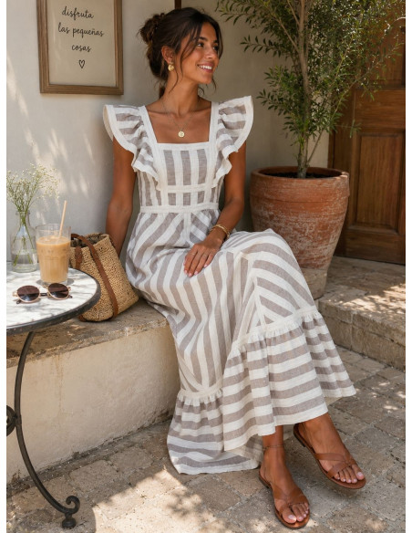 Vestido Largo de Rayas Beige y Blanco con Volantes