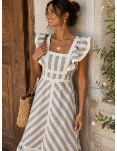 Vestido Largo de Rayas Beige y Blanco con Volantes