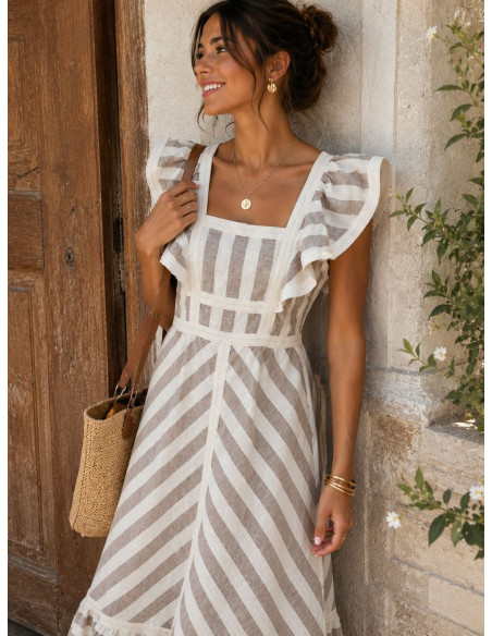 Vestido Largo de Rayas Beige y Blanco con Volantes