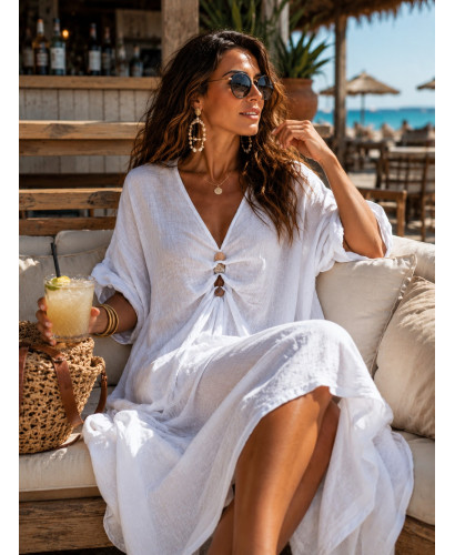 🤍 Vestido Blanco Lino con Abalorios 2