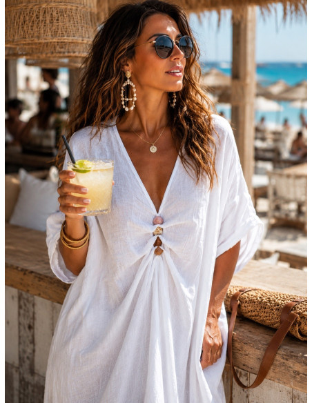 🤍 Vestido Blanco Lino con Abalorios