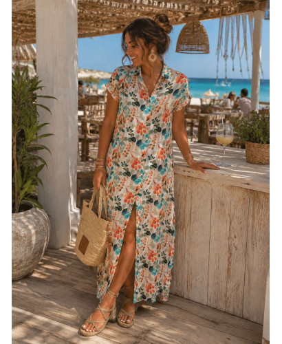 Vestido camisero largo tonos turquesa