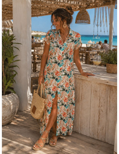 Vestido camisero largo tonos turquesa