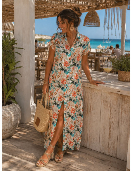 Vestido camisero largo tonos turquesa