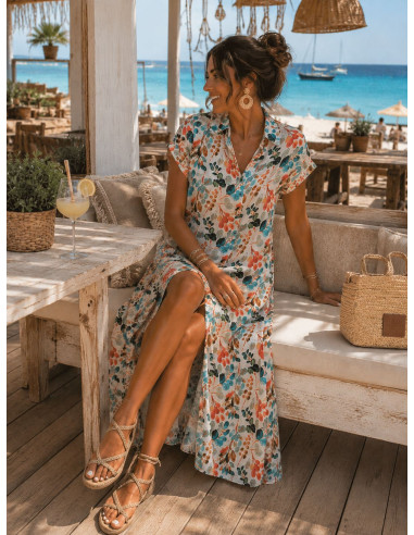 Vestido camisero largo tonos turquesa