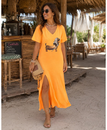 Vestido naranja efecto lavado con escote pico y...