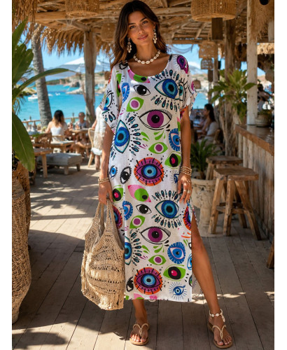 Vestido de Lino Blanco con Estampado de Ojos